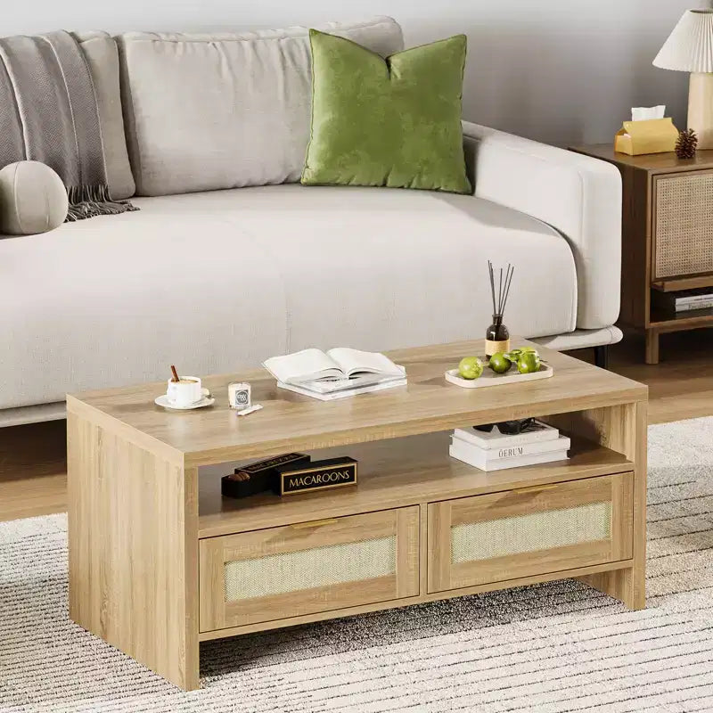2 Storage Drawers and Open Shelf, Rattan Coffee Table, Mid Century Modern Center Table