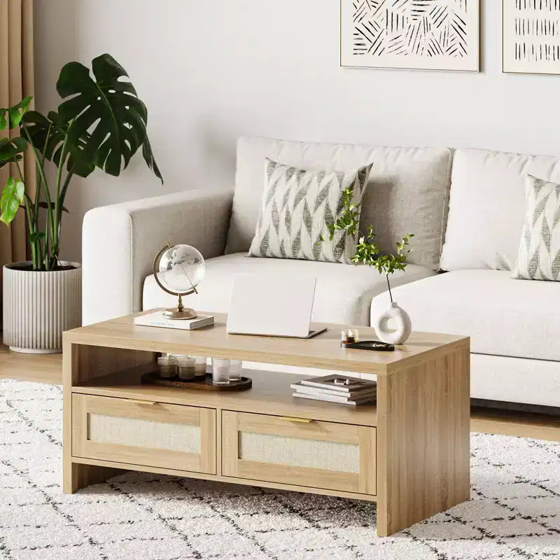 2 Storage Drawers and Open Shelf, Rattan Coffee Table, Mid Century Modern Center Table