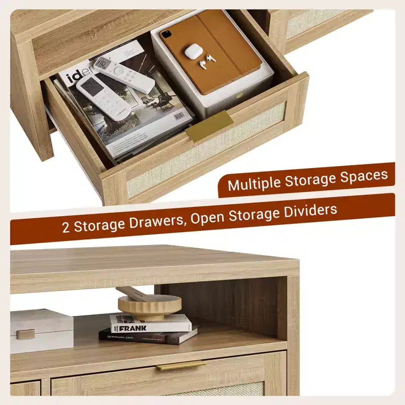 2 Storage Drawers and Open Shelf, Rattan Coffee Table, Mid Century Modern Center Table