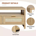 2 Storage Drawers and Open Shelf, Rattan Coffee Table, Mid Century Modern Center Table