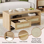 2 Storage Drawers and Open Shelf, Rattan Coffee Table, Mid Century Modern Center Table
