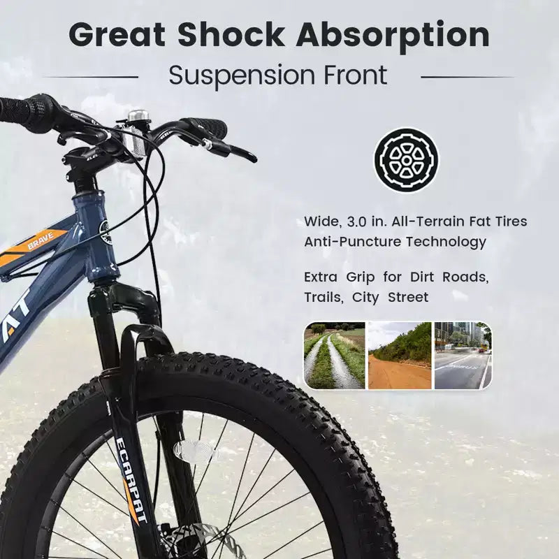 Bicicletta Okak 24" Fat Tire con Sospensione Anteriore, Mountain Bike a 7 Velocità con Freno a Disco e Telaio in Acciaio ad Alto Tenore di Carbonio, Bici da Trail per Pendolari