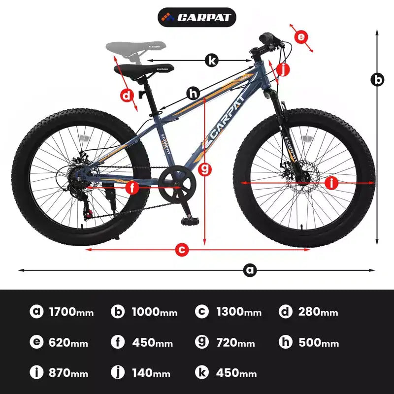 Bicicletta Okak 24" Fat Tire con Sospensione Anteriore, Mountain Bike a 7 Velocità con Freno a Disco e Telaio in Acciaio ad Alto Tenore di Carbonio, Bici da Trail per Pendolari