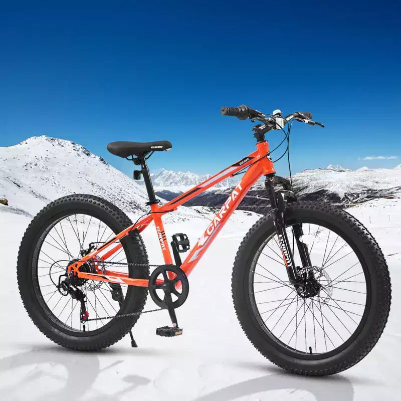 Bicicletta Okak 24" Fat Tire con Sospensione Anteriore, Mountain Bike a 7 Velocità con Freno a Disco e Telaio in Acciaio ad Alto Tenore di Carbonio, Bici da Trail per Pendolari