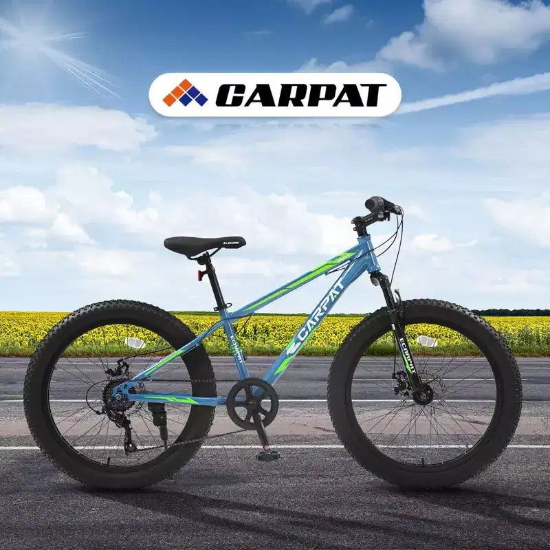 Bicicletta Okak 24" Fat Tire con Sospensione Anteriore, Mountain Bike a 7 Velocità con Freno a Disco e Telaio in Acciaio ad Alto Tenore di Carbonio, Bici da Trail per Pendolari