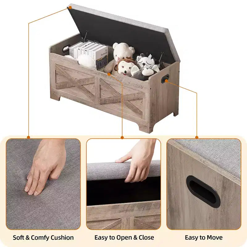 Storage Bench, Retro Wooden Storage Chest with 2 Safety Hinges, Loads 300 lb, Storage Ottoman Bench for Bedroom Living Room, Grey