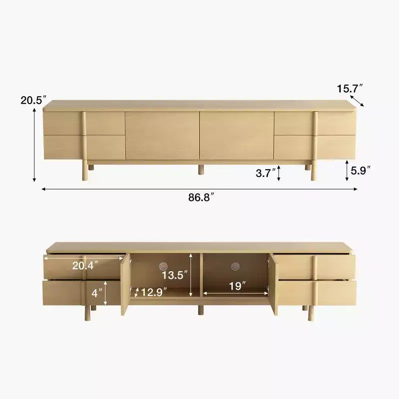 Luck Live Modern Style 86.8-Inch TV Stand with Solid Wood Handles & Feet, Soft-Close Hinges + Cable Management Holes Natural Color