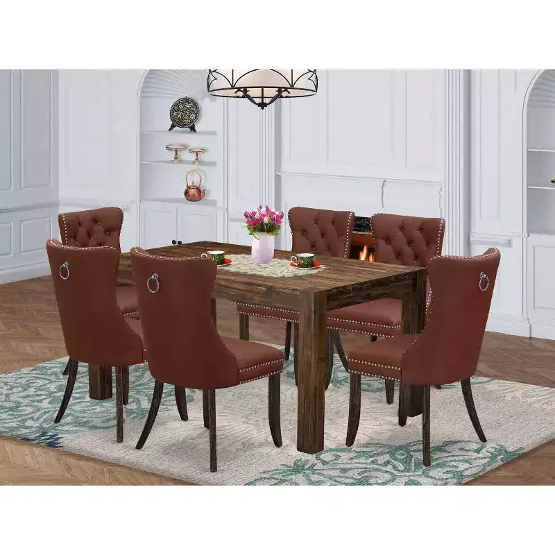 HomeStock Tavolo da pranzo rettangolare a 7 pezzi con piano in legno massello di quercia naturale e 6 sedie Parson