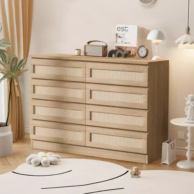 Cassettiera in Rattan Acekool, Cassettiera Doppia a 8 Cassetti con Guide Metalliche Scorrevoli, Mobile Moderno in Legno per Camera da Letto, Armadio o Soggiorno
