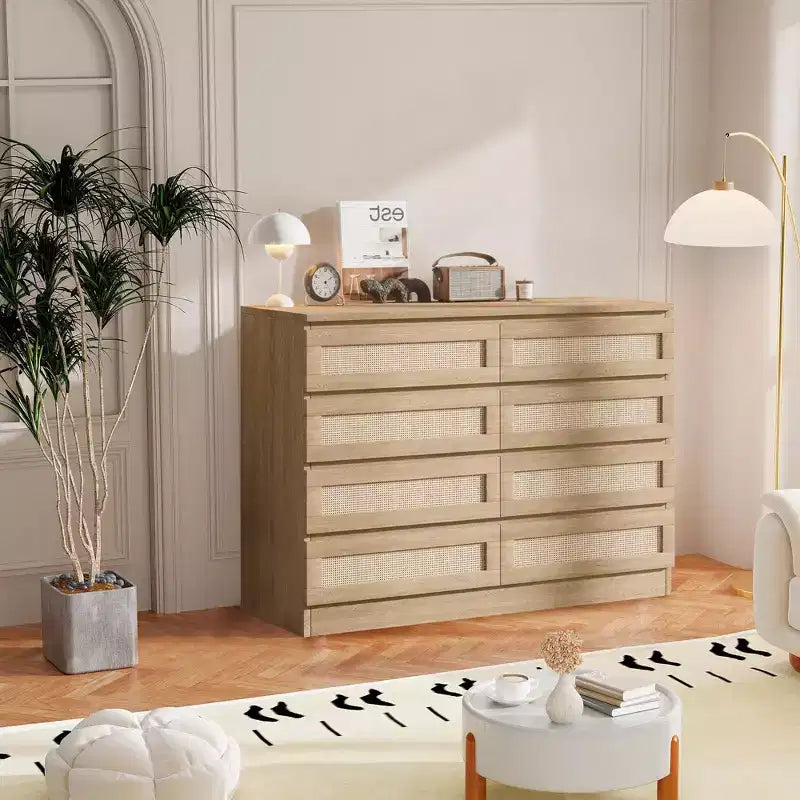 Cassettiera in Rattan Acekool, Cassettiera Doppia a 8 Cassetti con Guide Metalliche Scorrevoli, Mobile Moderno in Legno per Camera da Letto, Armadio o Soggiorno