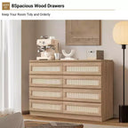 Cassettiera in Rattan Acekool, Cassettiera Doppia a 8 Cassetti con Guide Metalliche Scorrevoli, Mobile Moderno in Legno per Camera da Letto, Armadio o Soggiorno
