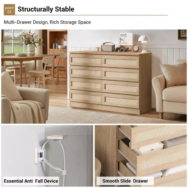 Cassettiera in Rattan Acekool, Cassettiera Doppia a 8 Cassetti con Guide Metalliche Scorrevoli, Mobile Moderno in Legno per Camera da Letto, Armadio o Soggiorno
