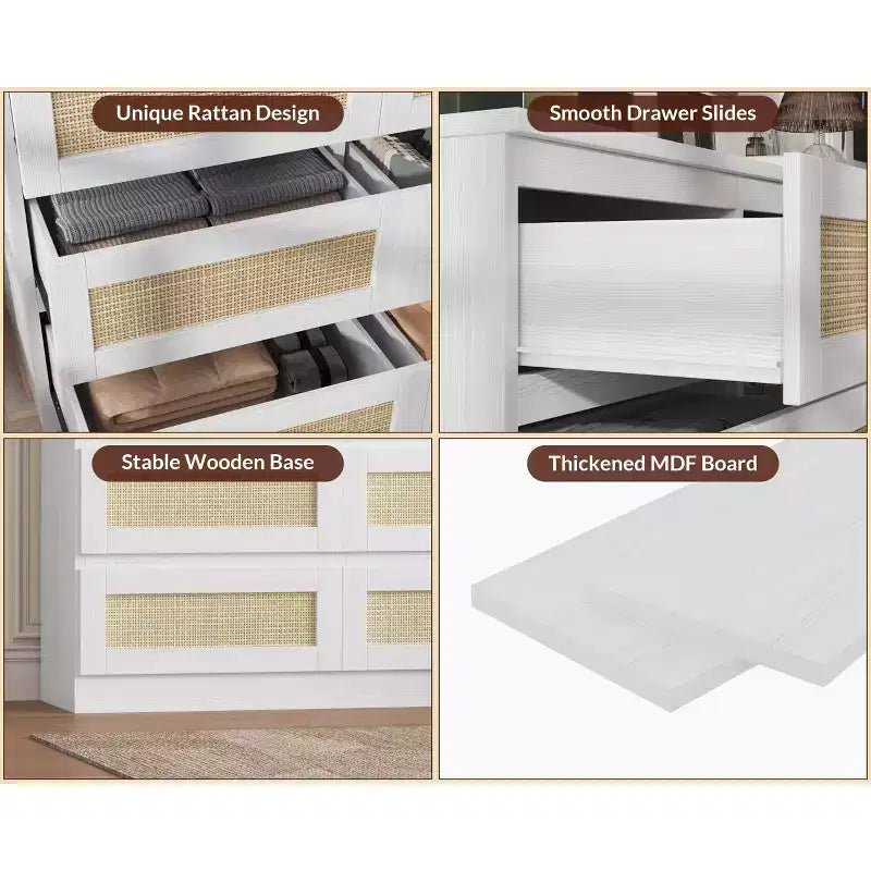 Cassettiera in Rattan Acekool, Cassettiera Doppia a 8 Cassetti con Guide Metalliche Scorrevoli, Mobile Moderno in Legno per Camera da Letto, Armadio o Soggiorno