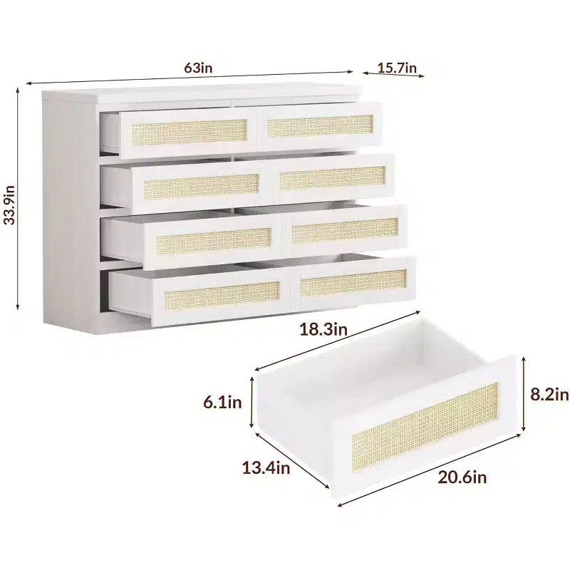 Cassettiera in Rattan Acekool, Cassettiera Doppia a 8 Cassetti con Guide Metalliche Scorrevoli, Mobile Moderno in Legno per Camera da Letto, Armadio o Soggiorno