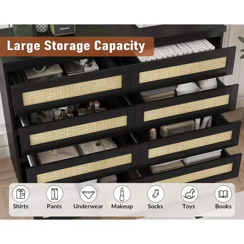 Cassettiera in Rattan Acekool, Cassettiera Doppia a 8 Cassetti con Guide Metalliche Scorrevoli, Mobile Moderno in Legno per Camera da Letto, Armadio o Soggiorno