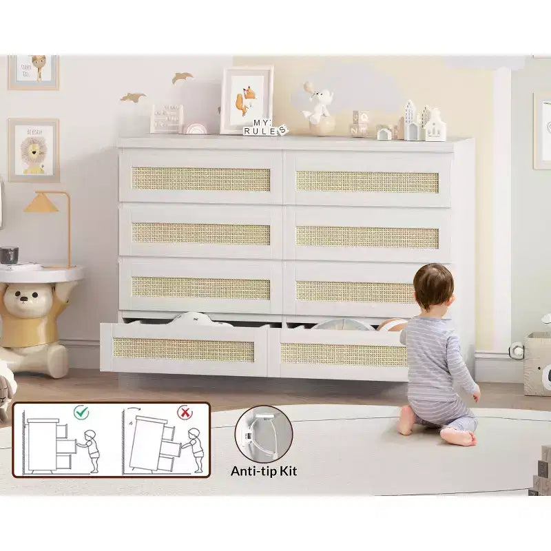 Cassettiera in Rattan Acekool, Cassettiera Doppia a 8 Cassetti con Guide Metalliche Scorrevoli, Mobile Moderno in Legno per Camera da Letto, Armadio o Soggiorno