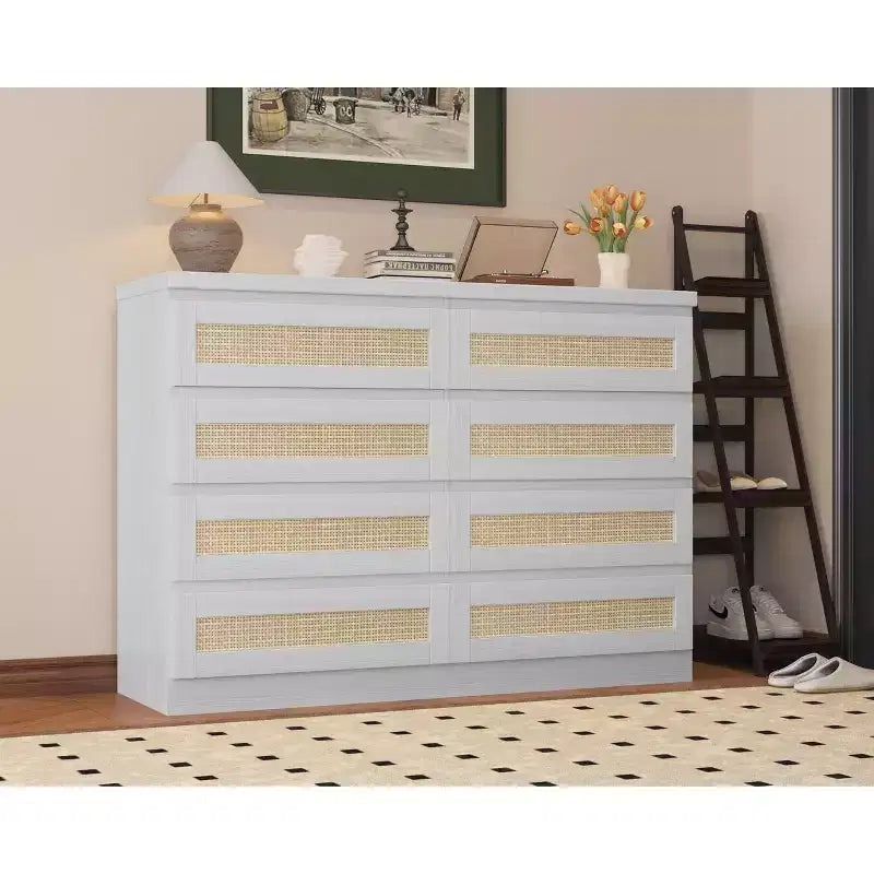 Cassettiera in Rattan Acekool, Cassettiera Doppia a 8 Cassetti con Guide Metalliche Scorrevoli, Mobile Moderno in Legno per Camera da Letto, Armadio o Soggiorno