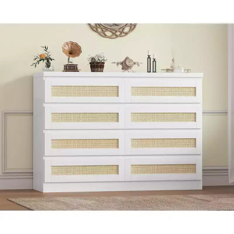 Cassettiera in Rattan Acekool, Cassettiera Doppia a 8 Cassetti con Guide Metalliche Scorrevoli, Mobile Moderno in Legno per Camera da Letto, Armadio o Soggiorno