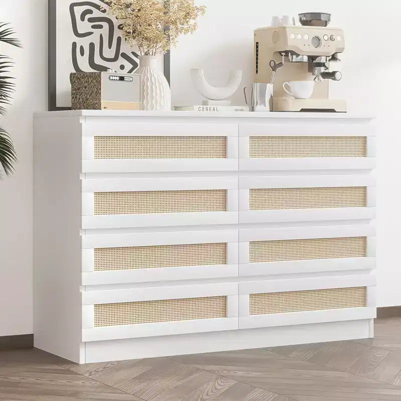 Cassettiera in Rattan Acekool, Cassettiera Doppia a 8 Cassetti con Guide Metalliche Scorrevoli, Mobile Moderno in Legno per Camera da Letto, Armadio o Soggiorno