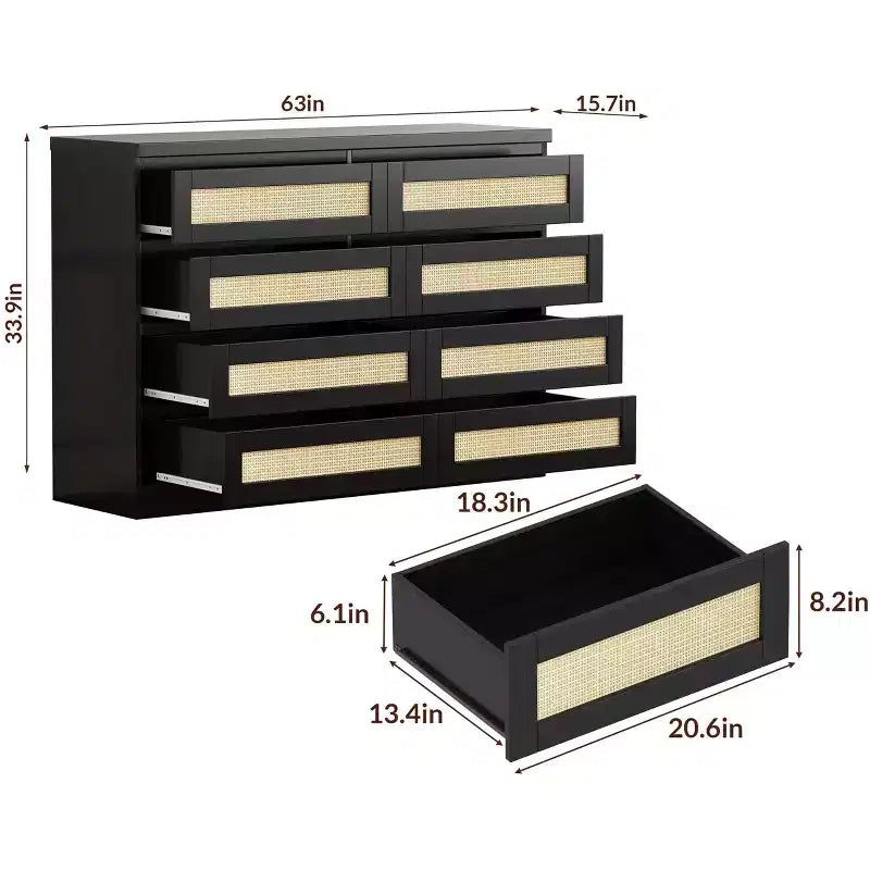 Cassettiera in Rattan Acekool, Cassettiera Doppia a 8 Cassetti con Guide Metalliche Scorrevoli, Mobile Moderno in Legno per Camera da Letto, Armadio o Soggiorno