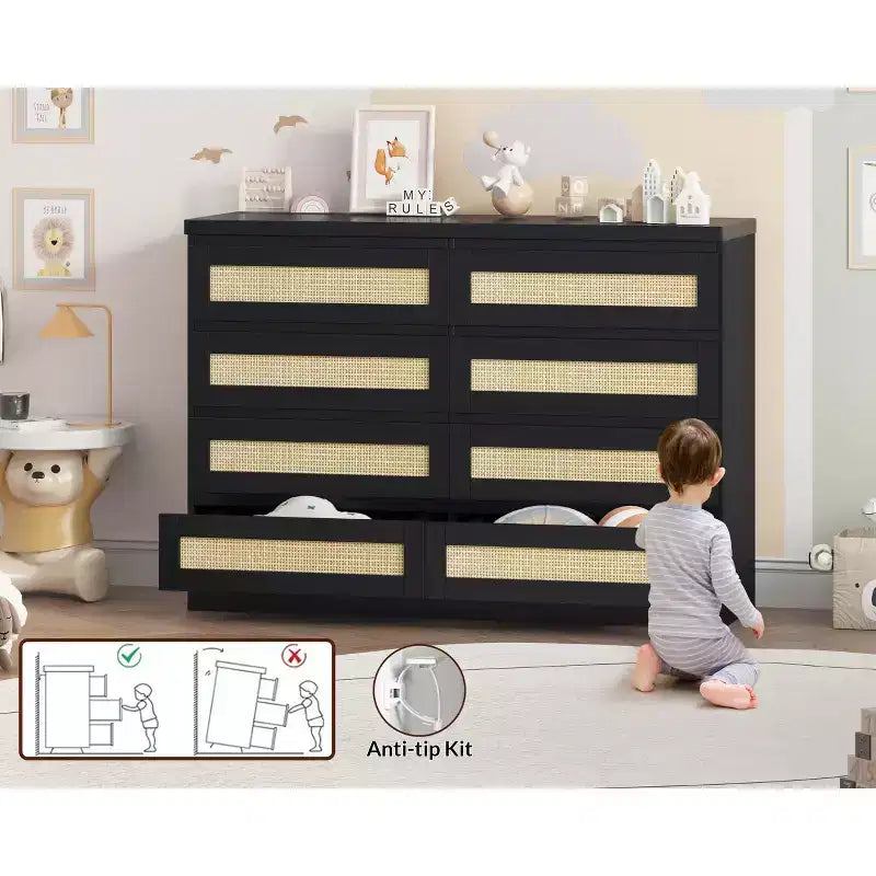 Cassettiera in Rattan Acekool, Cassettiera Doppia a 8 Cassetti con Guide Metalliche Scorrevoli, Mobile Moderno in Legno per Camera da Letto, Armadio o Soggiorno