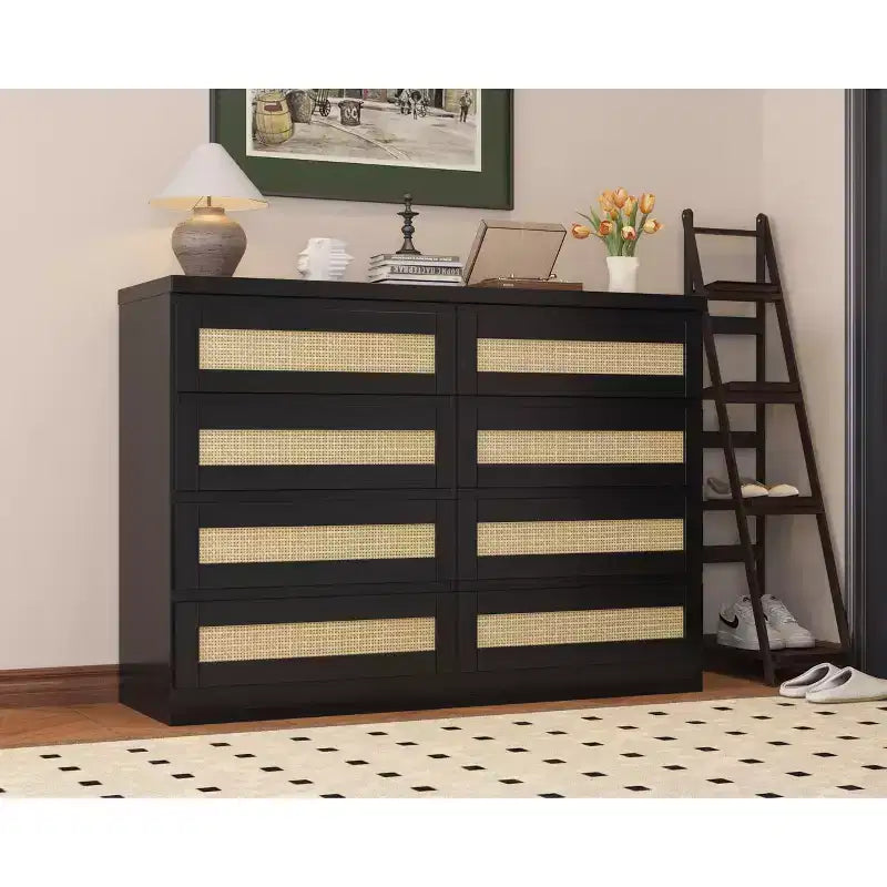 Cassettiera in Rattan Acekool, Cassettiera Doppia a 8 Cassetti con Guide Metalliche Scorrevoli, Mobile Moderno in Legno per Camera da Letto, Armadio o Soggiorno