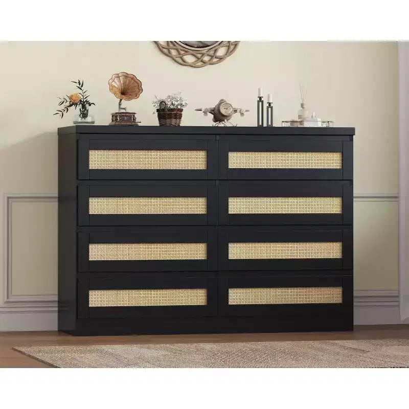 Cassettiera in Rattan Acekool, Cassettiera Doppia a 8 Cassetti con Guide Metalliche Scorrevoli, Mobile Moderno in Legno per Camera da Letto, Armadio o Soggiorno