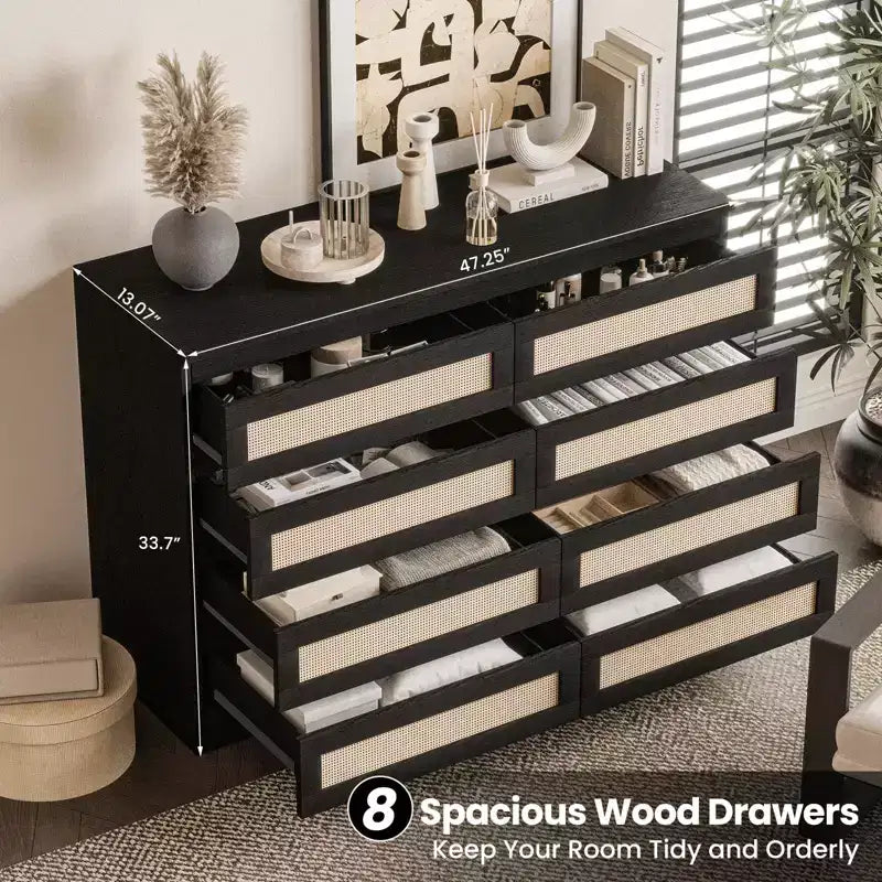 Cassettiera in Rattan Acekool, Cassettiera Doppia a 8 Cassetti con Guide Metalliche Scorrevoli, Mobile Moderno in Legno per Camera da Letto, Armadio o Soggiorno