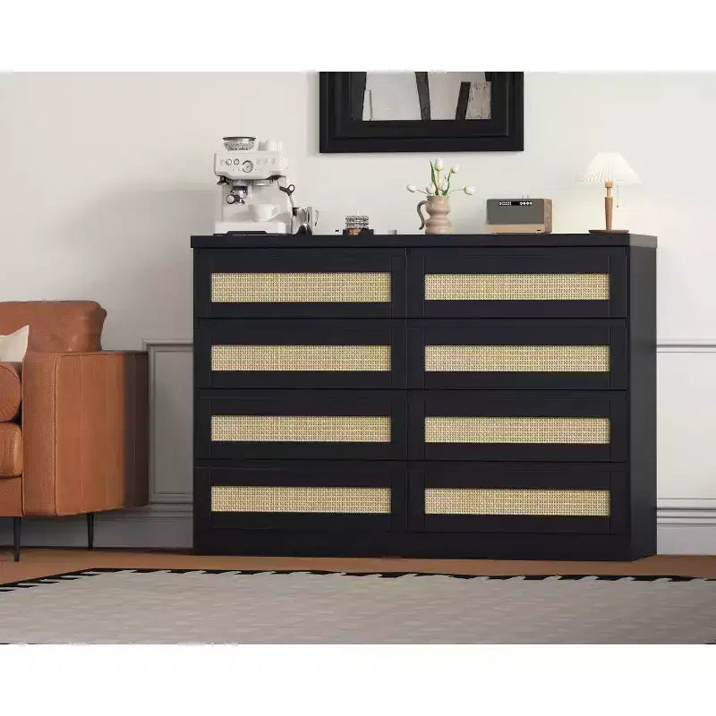 Acekool Rattan Dresser, 8 Drawer Double Chest with Smooth Metal Slides, Modern Wood Storage for Bedroom, Closet, or Living Room