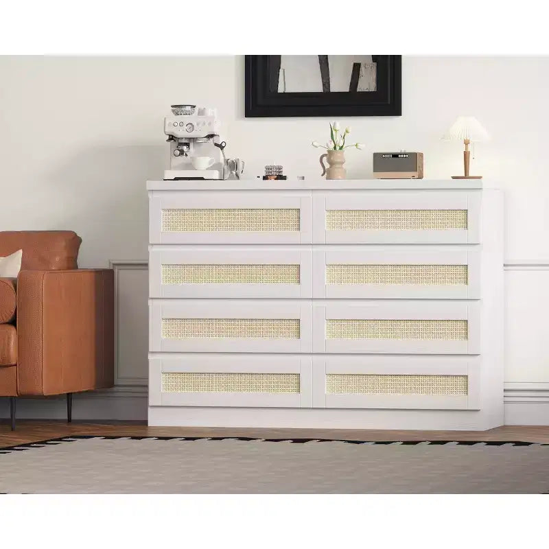 Cassettiera in Rattan Acekool, Cassettiera Doppia a 8 Cassetti con Guide Metalliche Scorrevoli, Mobile Moderno in Legno per Camera da Letto, Armadio o Soggiorno