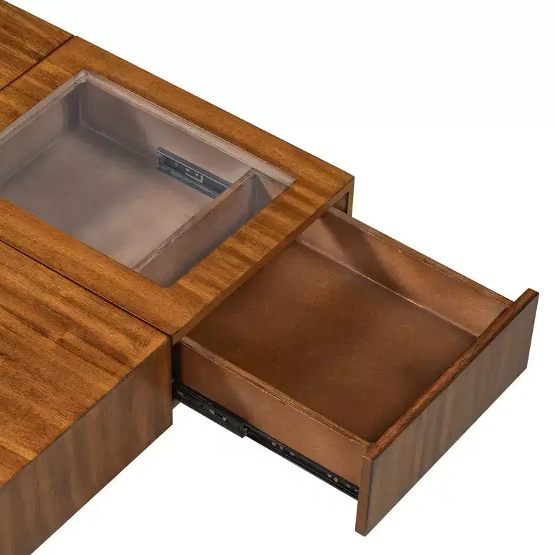 Tavolino da Caffè Quadrato Allungabile con Cassetti, Tavolino Centrale Unico in Vetro Temperato con Spazio Contenitore per Soggiorno