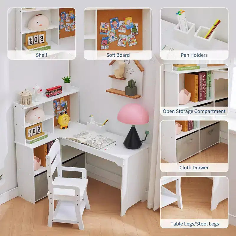 Kids Corner Desk, Desk and Chair Set for Children, L Shape Kids Study Table - Features Bulletin Board Open Shelves & Storage Cabinets and Drawers