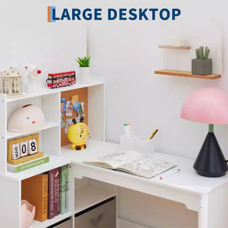 Kids Corner Desk, Desk and Chair Set for Children, L Shape Kids Study Table - Features Bulletin Board Open Shelves & Storage Cabinets and Drawers