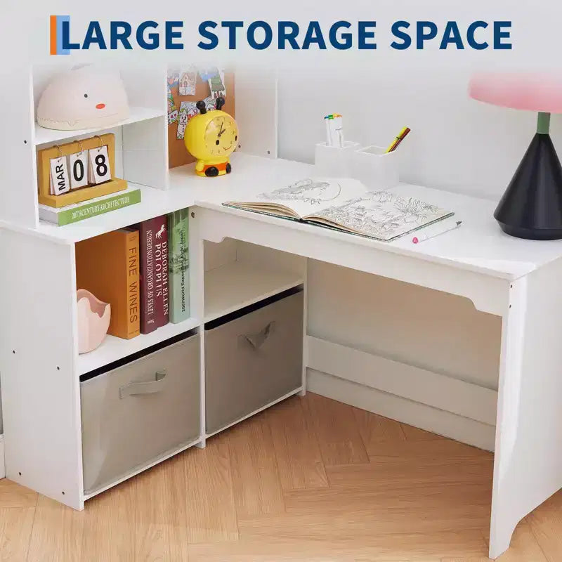 Kids Corner Desk, Desk and Chair Set for Children, L Shape Kids Study Table - Features Bulletin Board Open Shelves & Storage Cabinets and Drawers