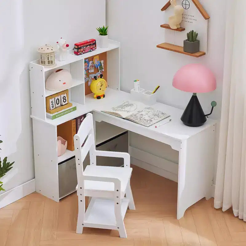 Kids Corner Desk, Desk and Chair Set for Children, L Shape Kids Study Table - Features Bulletin Board Open Shelves & Storage Cabinets and Drawers
