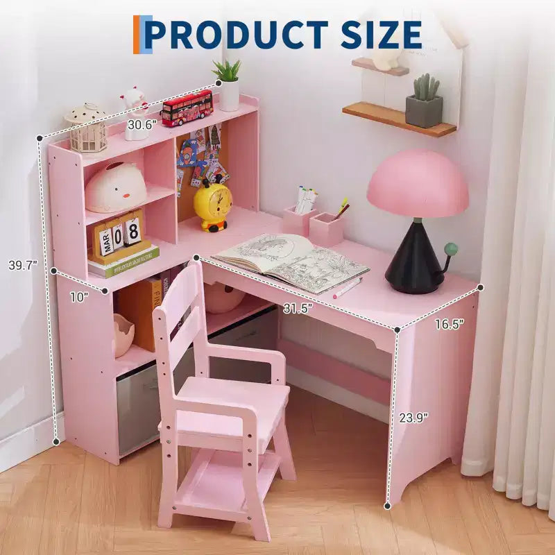 Kids Corner Desk, Desk and Chair Set for Children, L Shape Kids Study Table - Features Bulletin Board Open Shelves & Storage Cabinets and Drawers