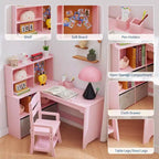 Kids Corner Desk, Desk and Chair Set for Children, L Shape Kids Study Table - Features Bulletin Board Open Shelves & Storage Cabinets and Drawers