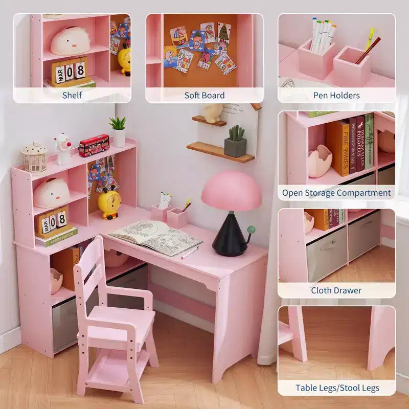 Kids Corner Desk, Desk and Chair Set for Children, L Shape Kids Study Table - Features Bulletin Board Open Shelves & Storage Cabinets and Drawers