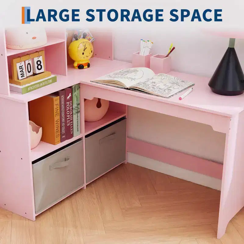 Kids Corner Desk, Desk and Chair Set for Children, L Shape Kids Study Table - Features Bulletin Board Open Shelves & Storage Cabinets and Drawers