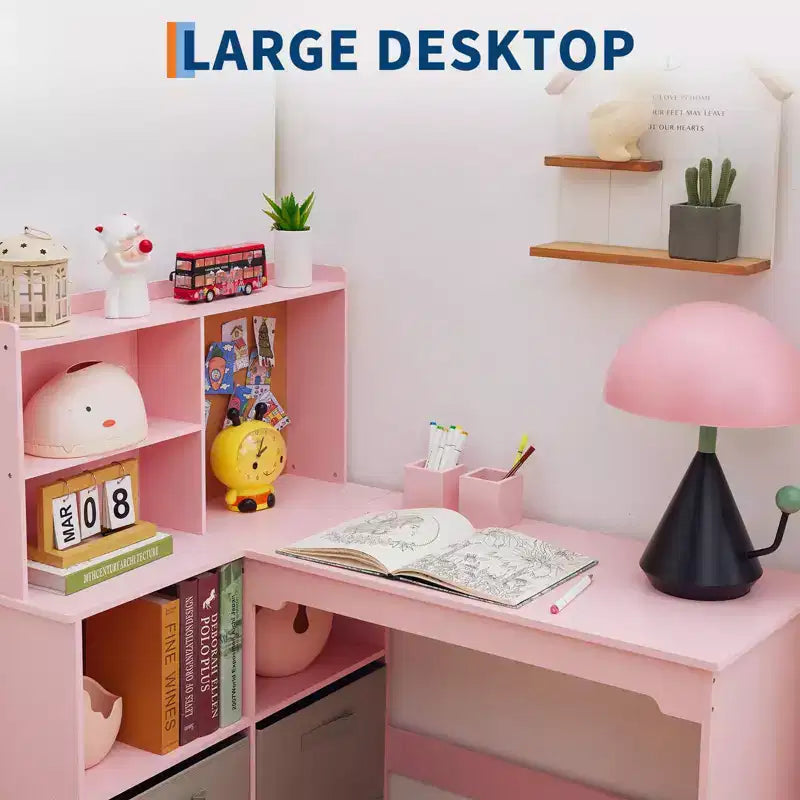 Kids Corner Desk, Desk and Chair Set for Children, L Shape Kids Study Table - Features Bulletin Board Open Shelves & Storage Cabinets and Drawers