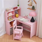 Kids Corner Desk, Desk and Chair Set for Children, L Shape Kids Study Table - Features Bulletin Board Open Shelves & Storage Cabinets and Drawers