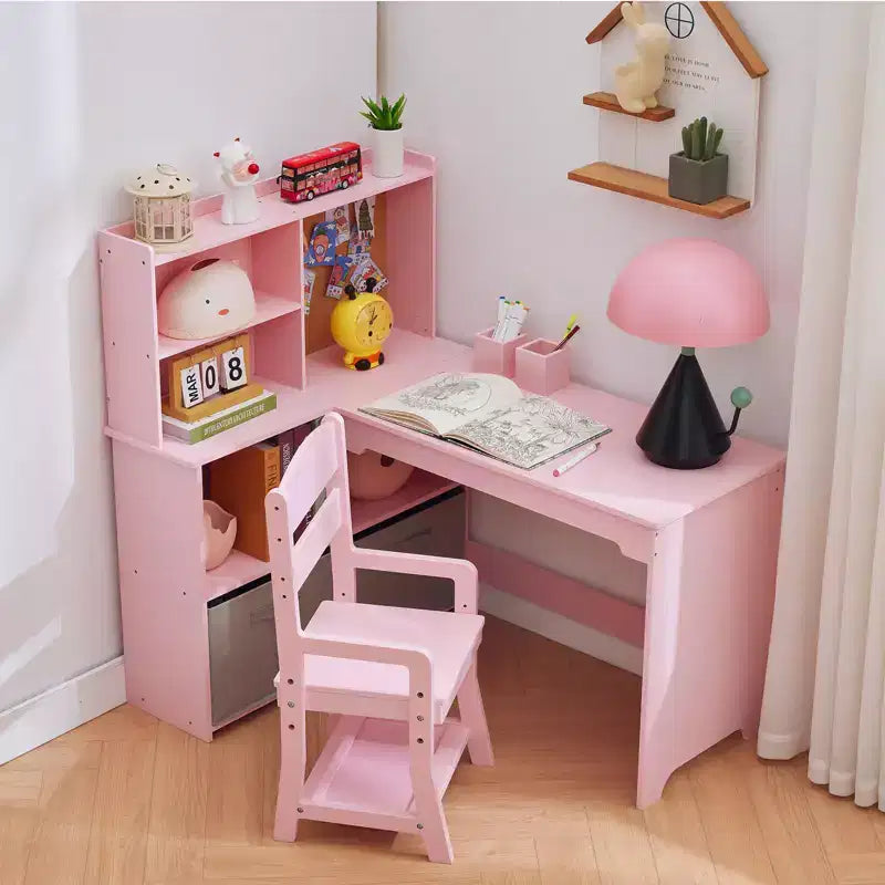Kids Corner Desk, Desk and Chair Set for Children, L Shape Kids Study Table - Features Bulletin Board Open Shelves & Storage Cabinets and Drawers