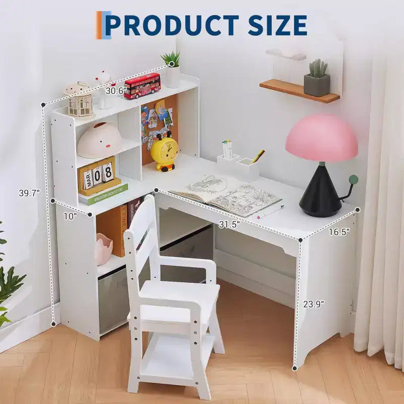 Kids Corner Desk, Desk and Chair Set for Children, L Shape Kids Study Table - Features Bulletin Board Open Shelves & Storage Cabinets and Drawers