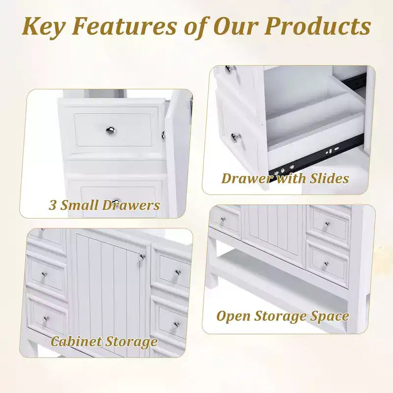 MAYEERTY 36 Mobile bagno senza lavabo 1 Armadietto 3 Cassetti Struttura in legno massello MDF Bianco