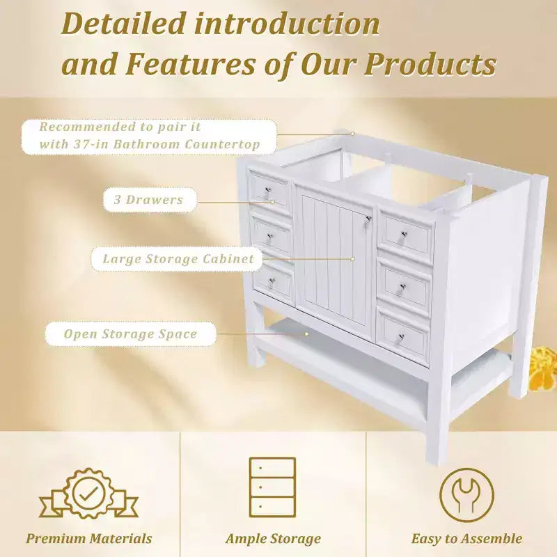 MAYEERTY 36 Mobile bagno senza lavabo 1 Armadietto 3 Cassetti Struttura in legno massello MDF Bianco