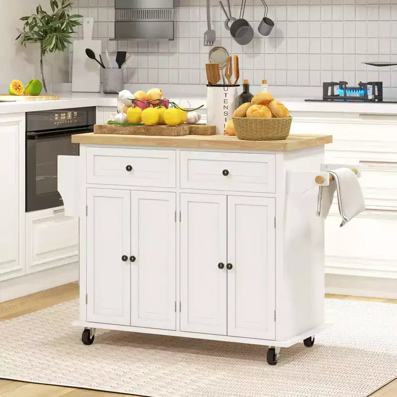 Isola Cucina su Ruote, Carrello da Cucina con Top in Legno di Gomma, Porta Spezie, Porta Asciugamani e Cassetti