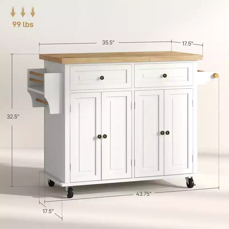 Isola Cucina su Ruote, Carrello da Cucina con Top in Legno di Gomma, Porta Spezie, Porta Asciugamani e Cassetti