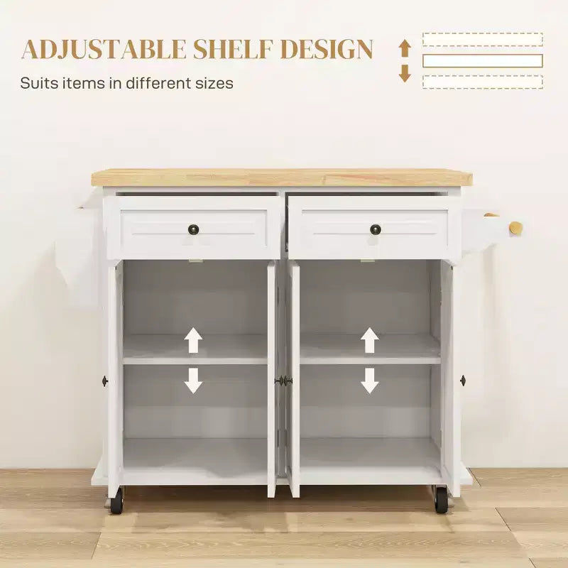 Isola Cucina su Ruote, Carrello da Cucina con Top in Legno di Gomma, Porta Spezie, Porta Asciugamani e Cassetti