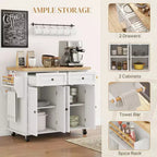 Isola Cucina su Ruote, Carrello da Cucina con Top in Legno di Gomma, Porta Spezie, Porta Asciugamani e Cassetti