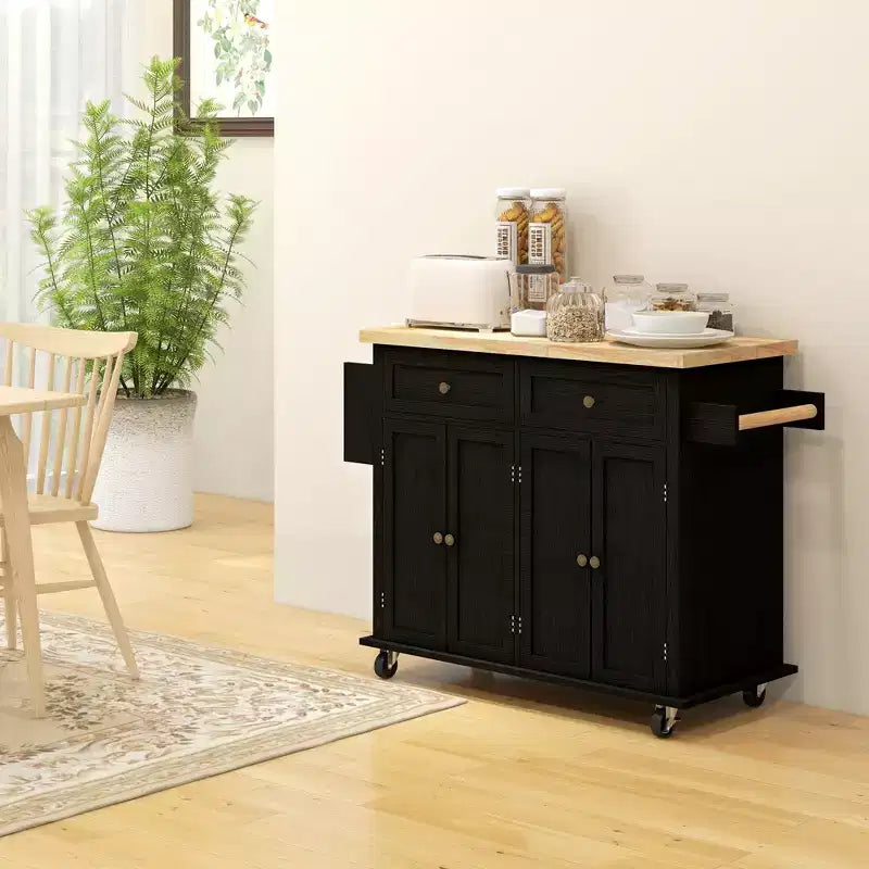 Isola Cucina su Ruote, Carrello da Cucina con Top in Legno di Gomma, Porta Spezie, Porta Asciugamani e Cassetti